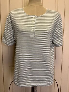 Vintage Erika & Co Henley Shirt Top-Green White Stripe-Button Close-Short Slv-M